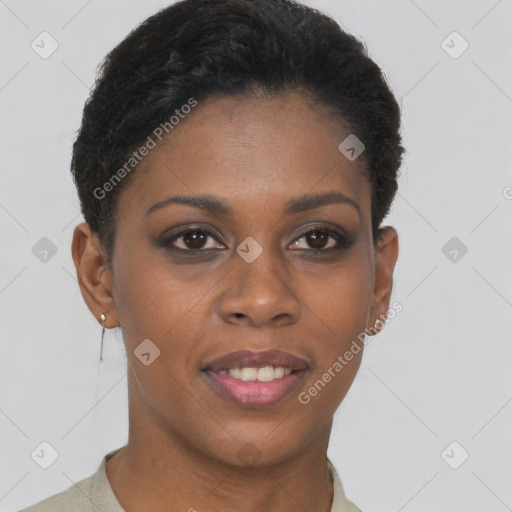 Joyful black young-adult female with short  brown hair and brown eyes