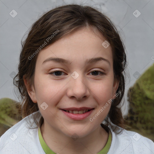 Joyful white child female with medium  brown hair and brown eyes