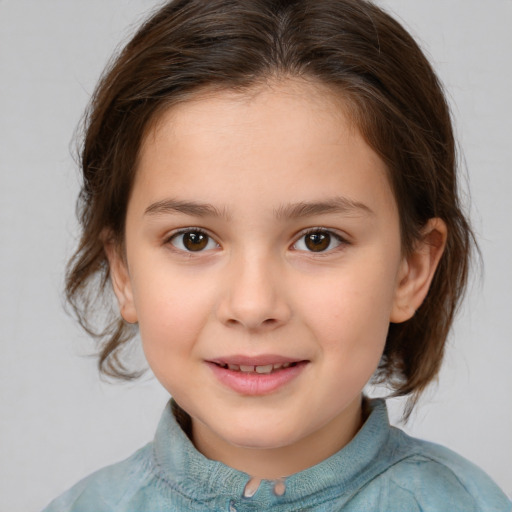 Joyful white child female with medium  brown hair and brown eyes