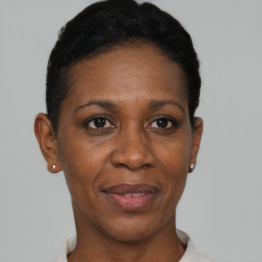 Joyful black young-adult female with short  black hair and brown eyes