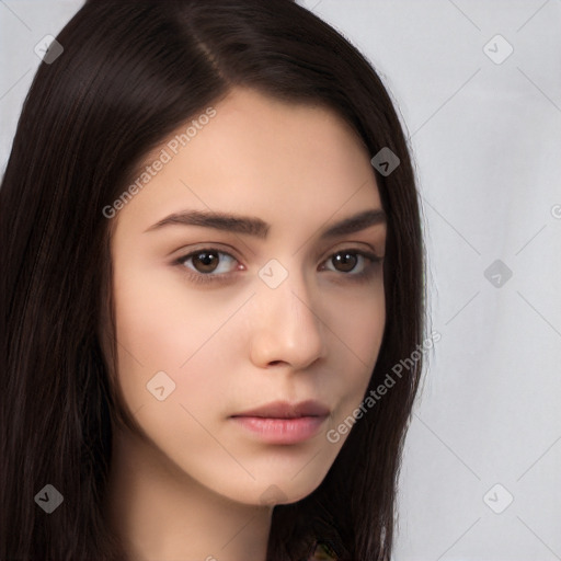 Neutral white young-adult female with long  brown hair and brown eyes