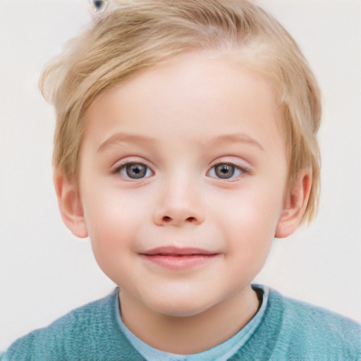 Joyful white child female with short  blond hair and blue eyes