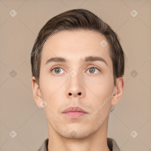 Neutral white young-adult male with short  brown hair and brown eyes