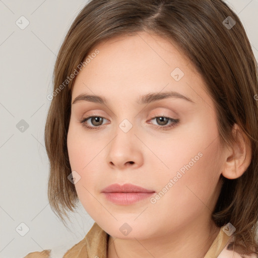 Neutral white young-adult female with medium  brown hair and brown eyes