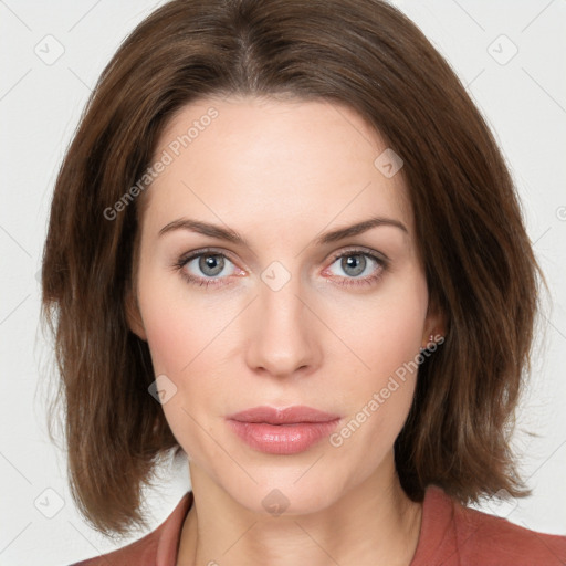 Neutral white young-adult female with medium  brown hair and grey eyes