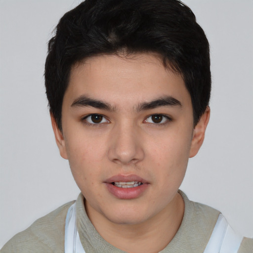 Neutral white young-adult male with short  black hair and brown eyes