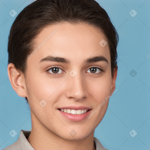 Joyful white young-adult female with short  brown hair and brown eyes