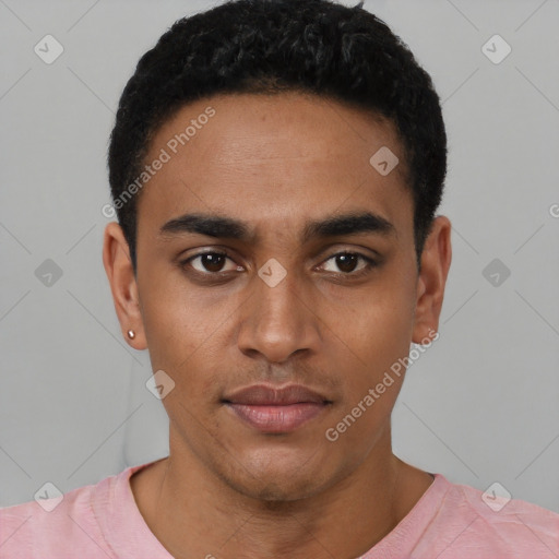 Neutral latino young-adult male with short  black hair and brown eyes