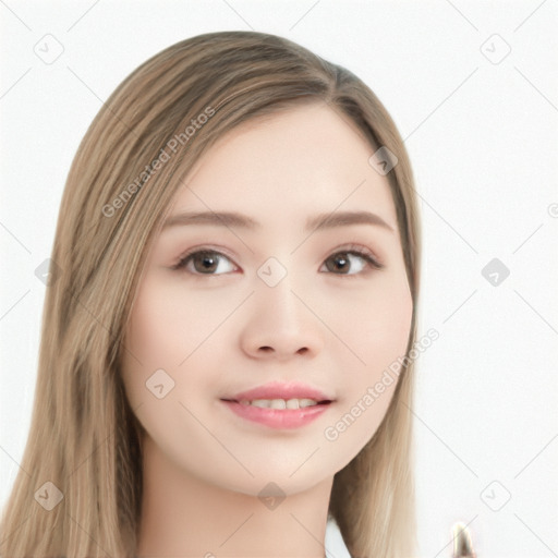 Neutral white young-adult female with long  brown hair and brown eyes