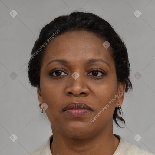 Neutral black young-adult female with short  brown hair and brown eyes