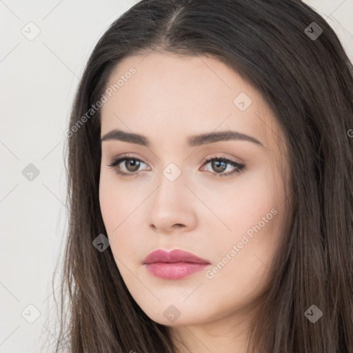 Neutral white young-adult female with long  brown hair and brown eyes