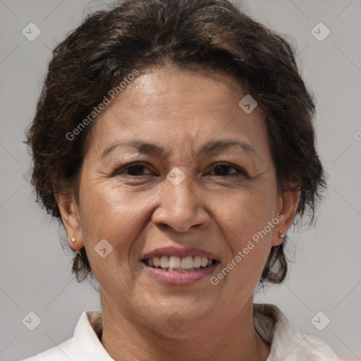 Joyful white adult female with short  brown hair and brown eyes