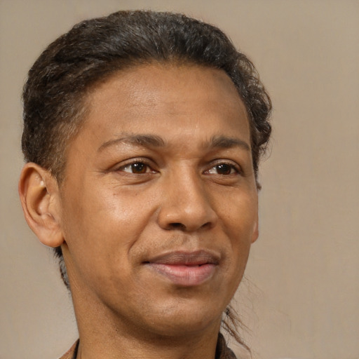 Joyful latino adult male with short  brown hair and brown eyes
