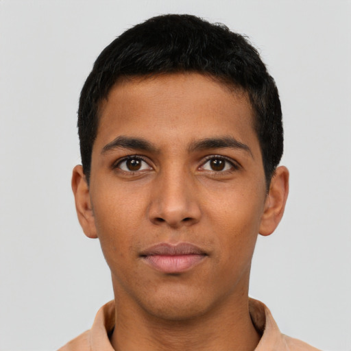 Neutral latino young-adult male with short  brown hair and brown eyes