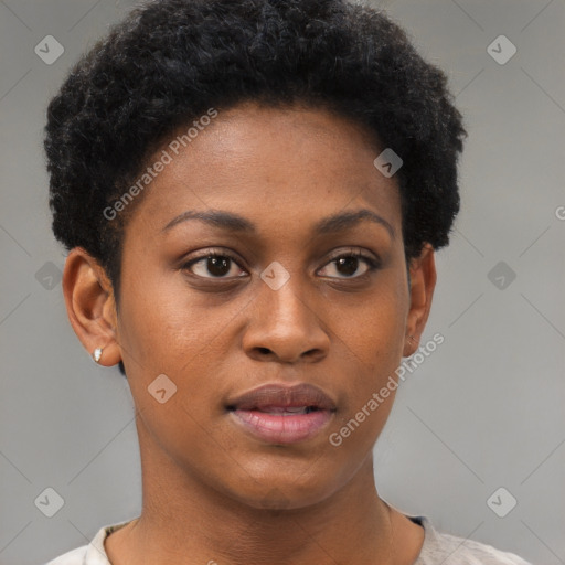 Neutral black young-adult female with short  brown hair and brown eyes