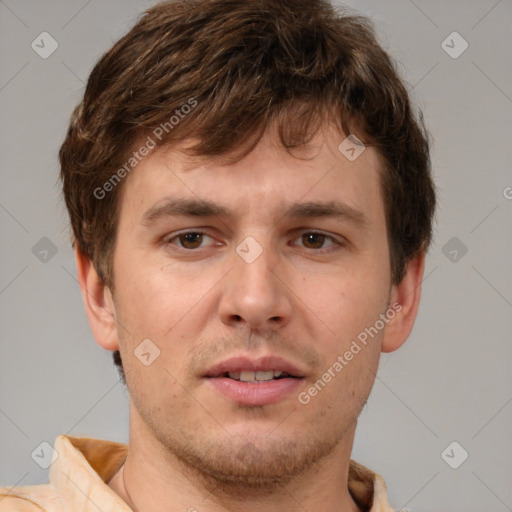 Neutral white young-adult male with short  brown hair and brown eyes