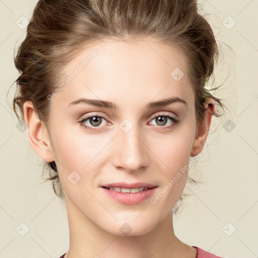 Joyful white young-adult female with medium  brown hair and green eyes