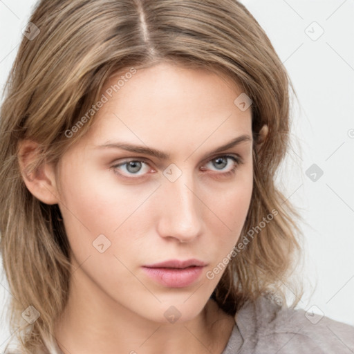 Neutral white young-adult female with medium  brown hair and grey eyes