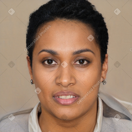Joyful black young-adult female with short  black hair and brown eyes