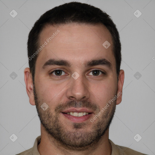 Joyful white young-adult male with short  brown hair and brown eyes