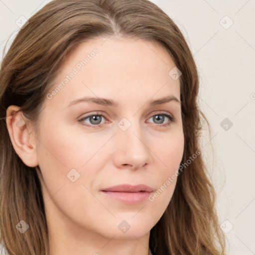 Neutral white young-adult female with long  brown hair and grey eyes