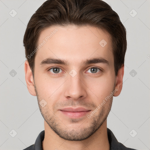 Neutral white young-adult male with short  brown hair and brown eyes