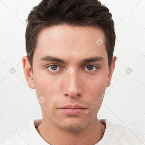 Neutral white young-adult male with short  brown hair and brown eyes