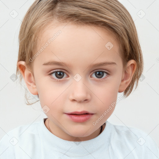 Neutral white child female with medium  brown hair and blue eyes