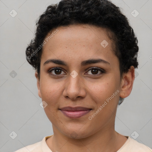 Joyful latino young-adult female with short  brown hair and brown eyes