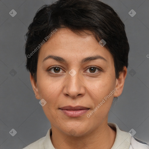 Joyful white adult female with short  brown hair and brown eyes