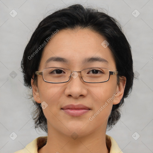 Joyful asian young-adult female with medium  brown hair and brown eyes