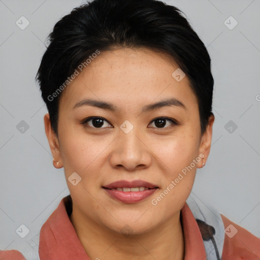Joyful asian young-adult female with short  brown hair and brown eyes