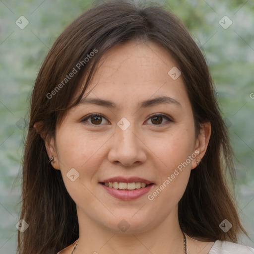 Joyful white young-adult female with medium  brown hair and brown eyes