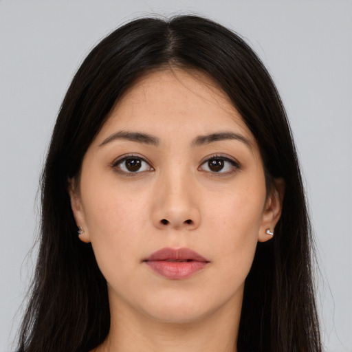 Neutral asian young-adult female with long  brown hair and brown eyes