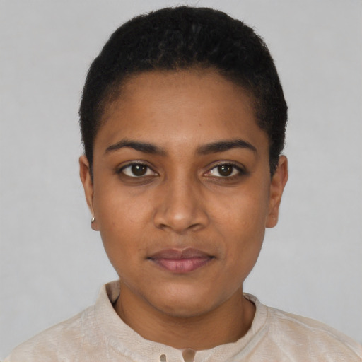 Neutral black young-adult female with short  black hair and brown eyes