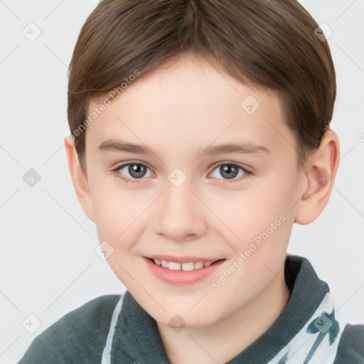 Joyful white child female with short  brown hair and brown eyes