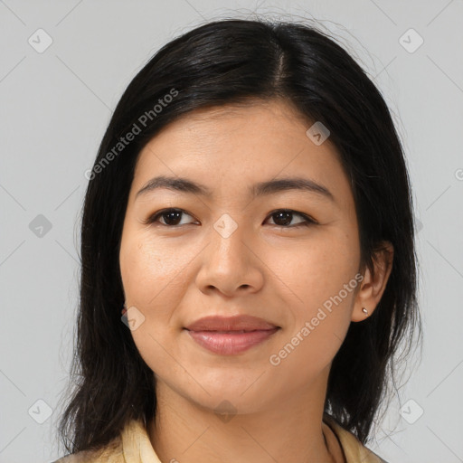 Joyful asian young-adult female with medium  brown hair and brown eyes