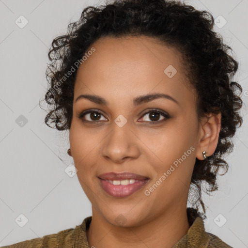 Joyful latino young-adult female with short  brown hair and brown eyes