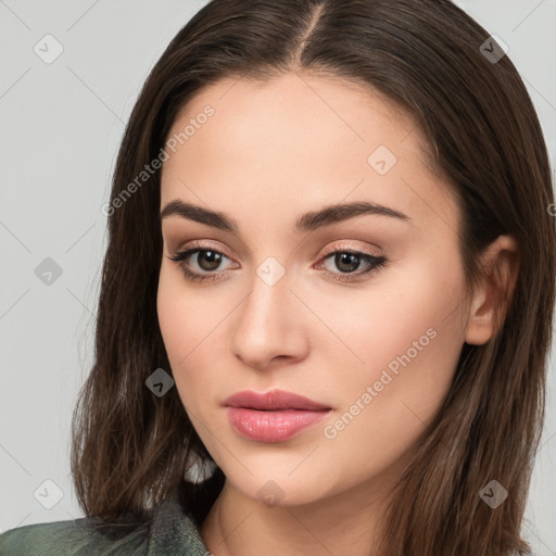 Neutral white young-adult female with long  brown hair and brown eyes