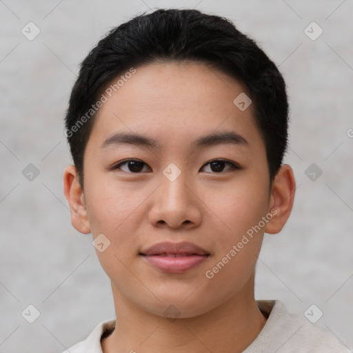 Joyful asian young-adult female with short  black hair and brown eyes