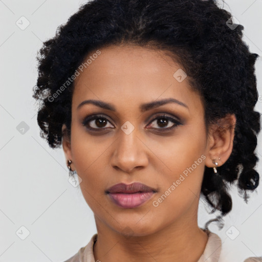 Joyful latino young-adult female with long  black hair and brown eyes