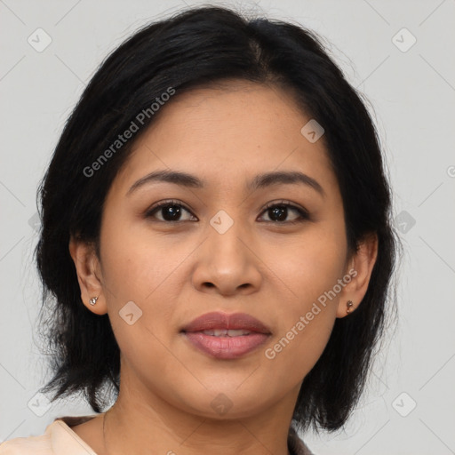 Joyful asian young-adult female with medium  brown hair and brown eyes