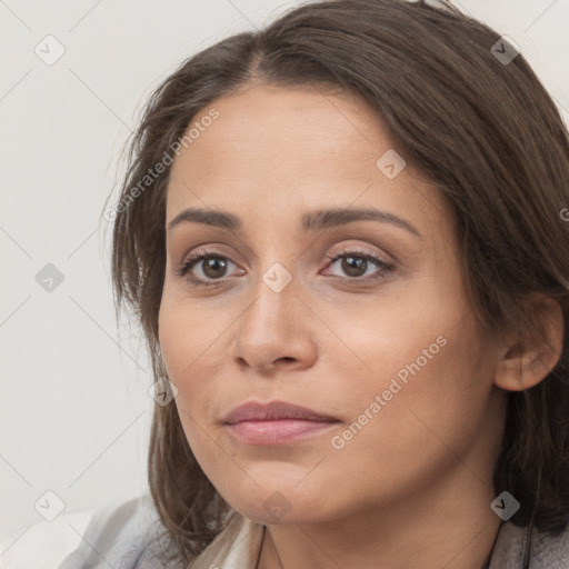 Neutral white young-adult female with medium  brown hair and brown eyes