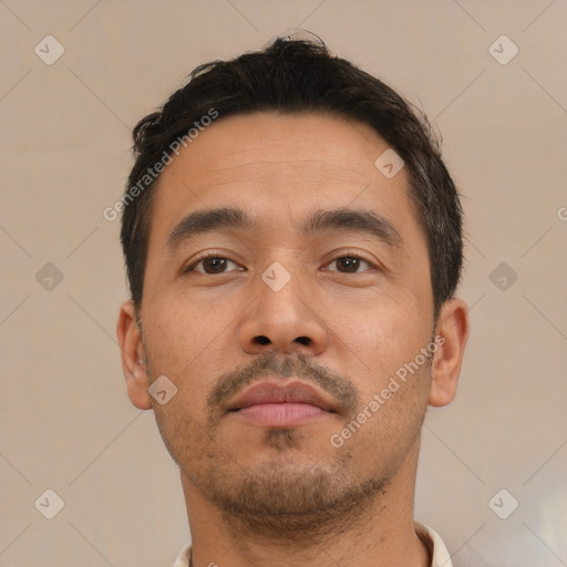 Neutral asian young-adult male with short  brown hair and brown eyes