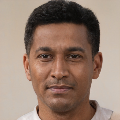 Neutral latino adult male with short  black hair and brown eyes