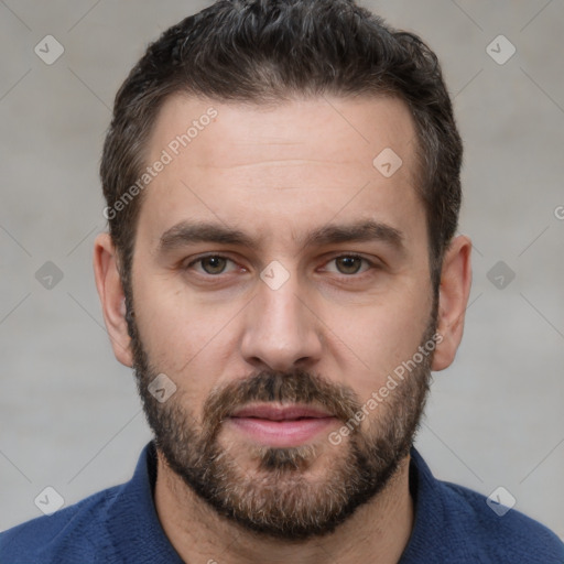 Neutral white adult male with short  brown hair and brown eyes