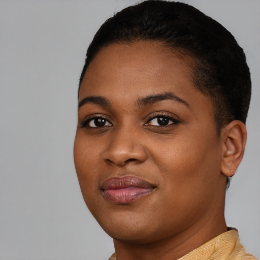 Joyful black young-adult female with short  brown hair and brown eyes