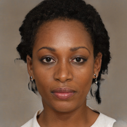 Neutral black young-adult female with short  black hair and brown eyes