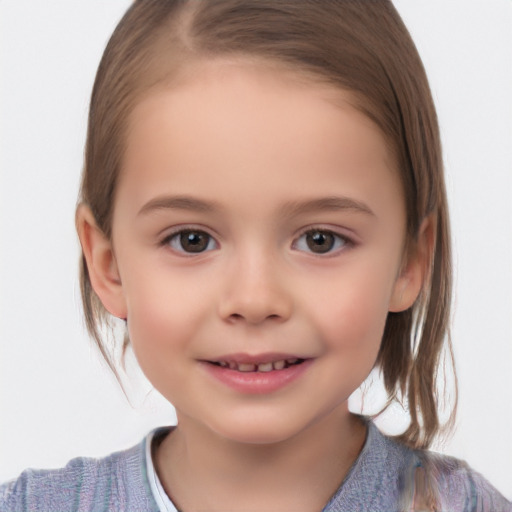 Joyful white child female with medium  brown hair and brown eyes