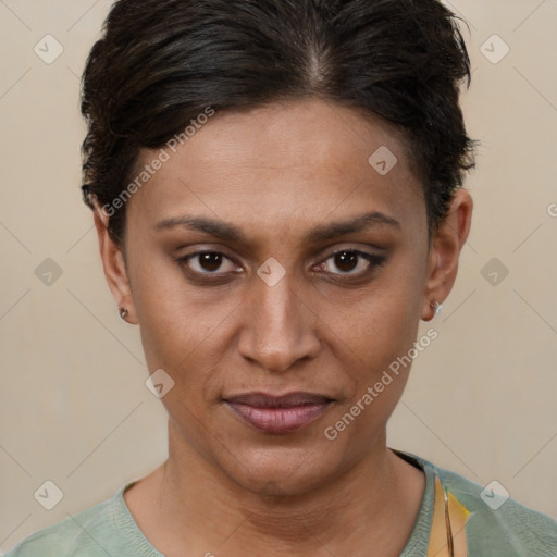 Joyful latino young-adult female with short  brown hair and brown eyes